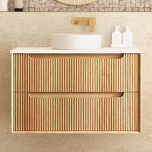 Byron Fluted 900mm Woodland Oak Wall Hung Single Vanity with Countertop